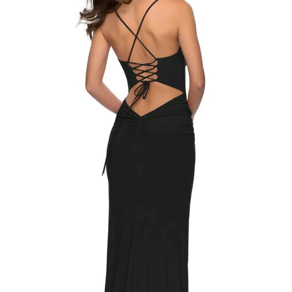 La Femme Black Spaghetti Strap Corset Back Jersey Gown